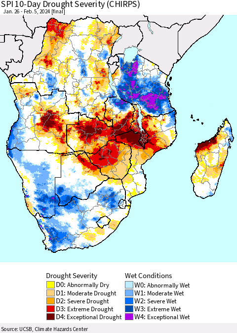 Southern Africa SPI 10-Day Drought Severity (CHIRPS) Thematic Map For 1/26/2024 - 2/5/2024