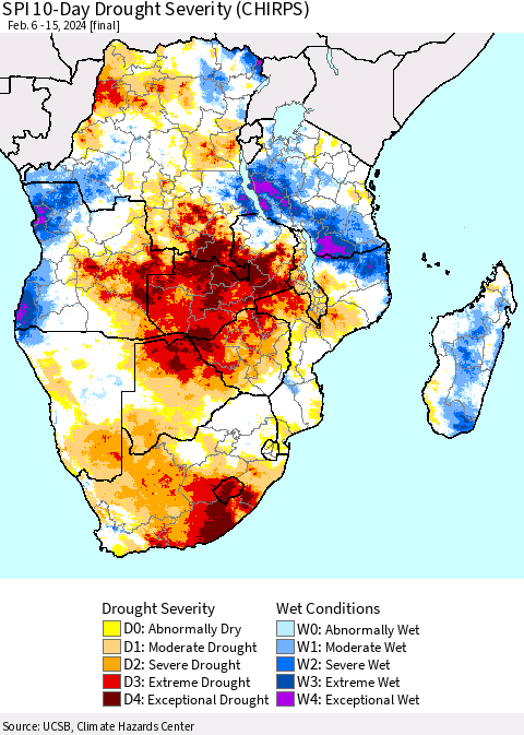 Southern Africa SPI 10-Day Drought Severity (CHIRPS) Thematic Map For 2/6/2024 - 2/15/2024