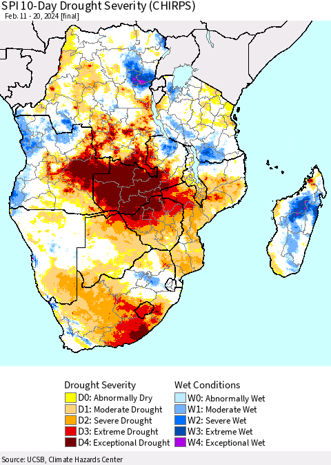 Southern Africa SPI 10-Day Drought Severity (CHIRPS) Thematic Map For 2/11/2024 - 2/20/2024