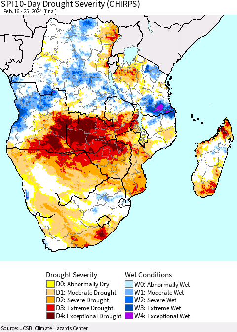 Southern Africa SPI 10-Day Drought Severity (CHIRPS) Thematic Map For 2/16/2024 - 2/25/2024