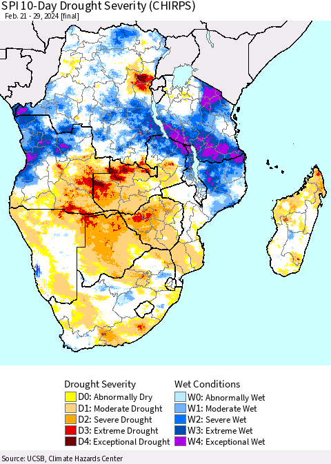 Southern Africa SPI 10-Day Drought Severity (CHIRPS) Thematic Map For 2/21/2024 - 2/29/2024