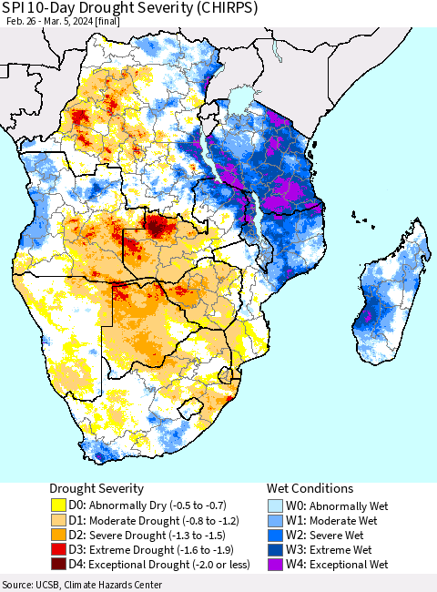 Southern Africa SPI 10-Day Drought Severity (CHIRPS) Thematic Map For 2/26/2024 - 3/5/2024