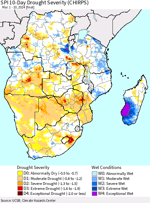 Southern Africa SPI 10-Day Drought Severity (CHIRPS) Thematic Map For 3/1/2024 - 3/10/2024