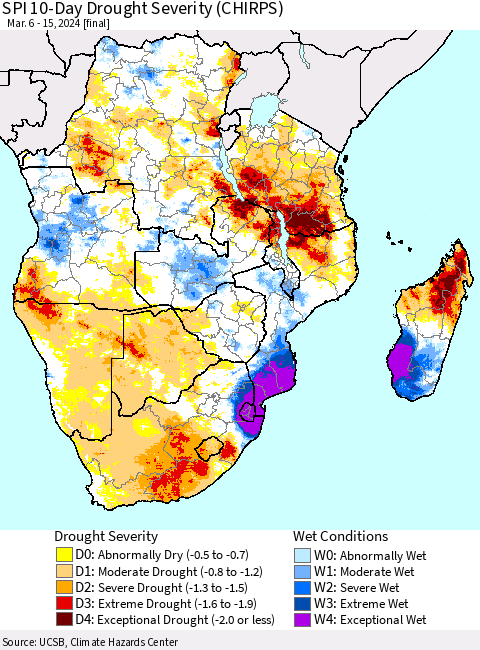 Southern Africa SPI 10-Day Drought Severity (CHIRPS) Thematic Map For 3/6/2024 - 3/15/2024