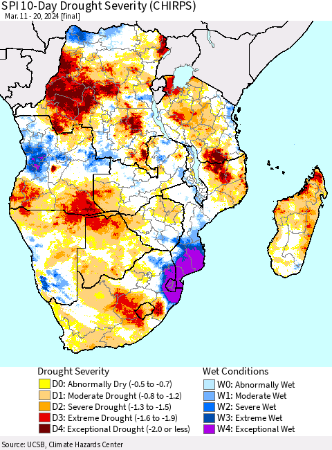 Southern Africa SPI 10-Day Drought Severity (CHIRPS) Thematic Map For 3/11/2024 - 3/20/2024