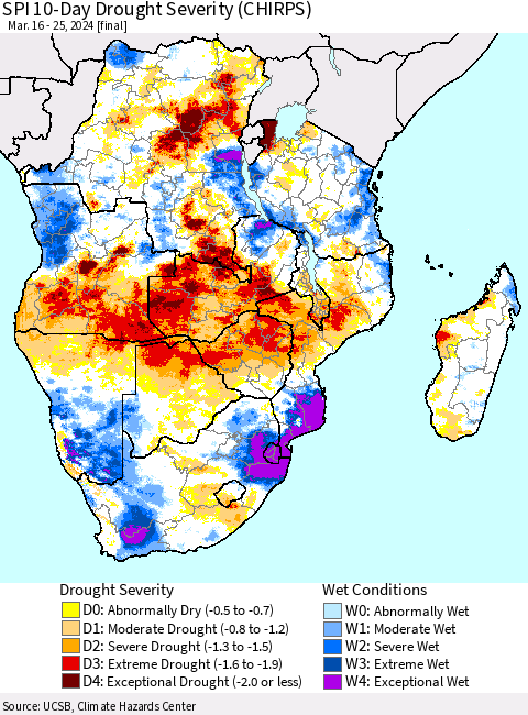 Southern Africa SPI 10-Day Drought Severity (CHIRPS) Thematic Map For 3/16/2024 - 3/25/2024