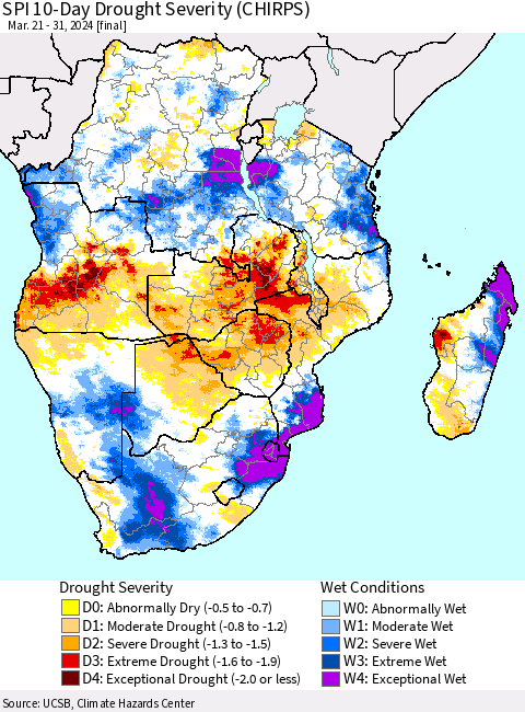 Southern Africa SPI 10-Day Drought Severity (CHIRPS) Thematic Map For 3/21/2024 - 3/31/2024