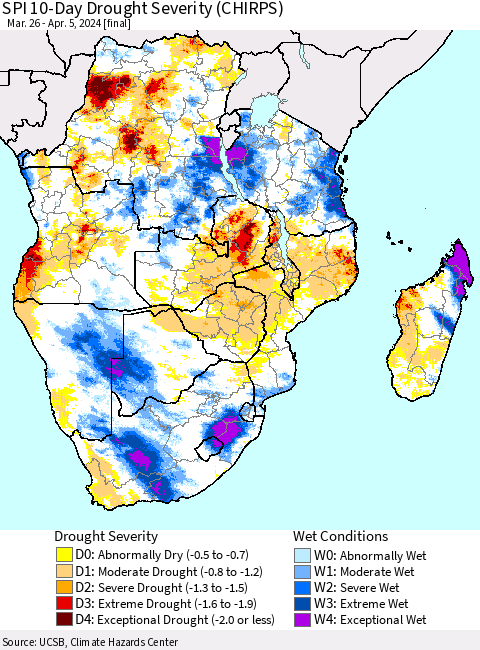 Southern Africa SPI 10-Day Drought Severity (CHIRPS) Thematic Map For 3/26/2024 - 4/5/2024