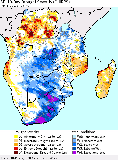 Southern Africa SPI 10-Day Drought Severity (CHIRPS) Thematic Map For 4/1/2024 - 4/10/2024