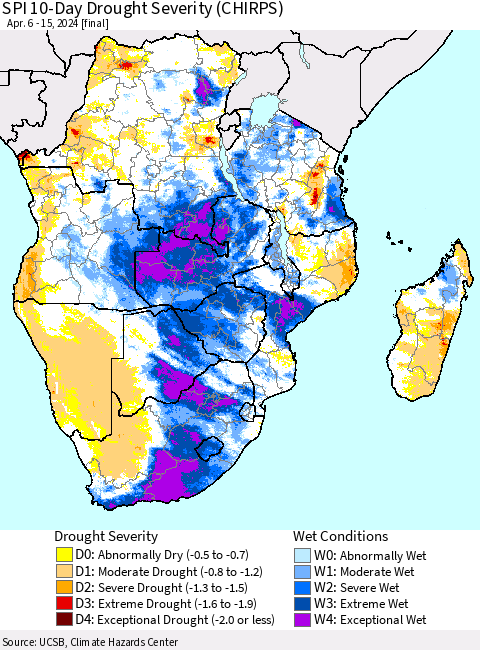Southern Africa SPI 10-Day Drought Severity (CHIRPS) Thematic Map For 4/6/2024 - 4/15/2024