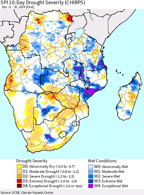 Southern Africa SPI 10-Day Drought Severity (CHIRPS) Thematic Map For 4/11/2024 - 4/20/2024