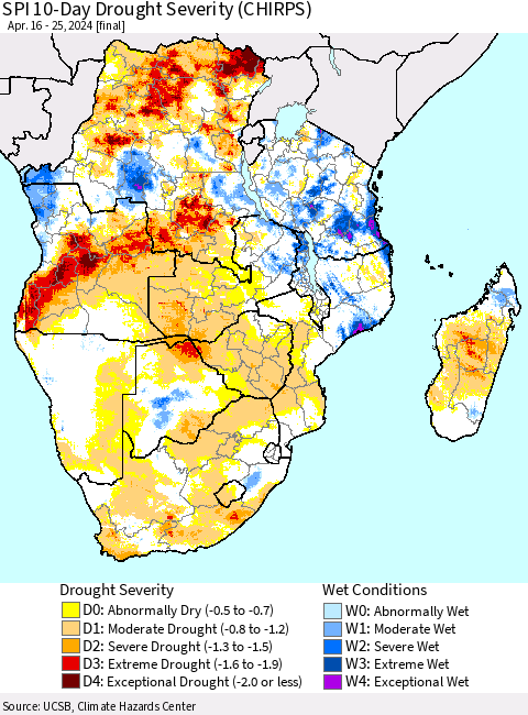 Southern Africa SPI 10-Day Drought Severity (CHIRPS) Thematic Map For 4/16/2024 - 4/25/2024