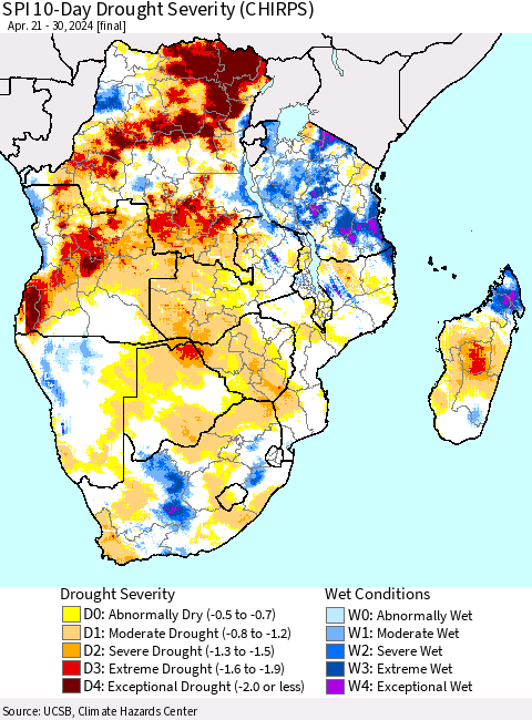 Southern Africa SPI 10-Day Drought Severity (CHIRPS) Thematic Map For 4/21/2024 - 4/30/2024