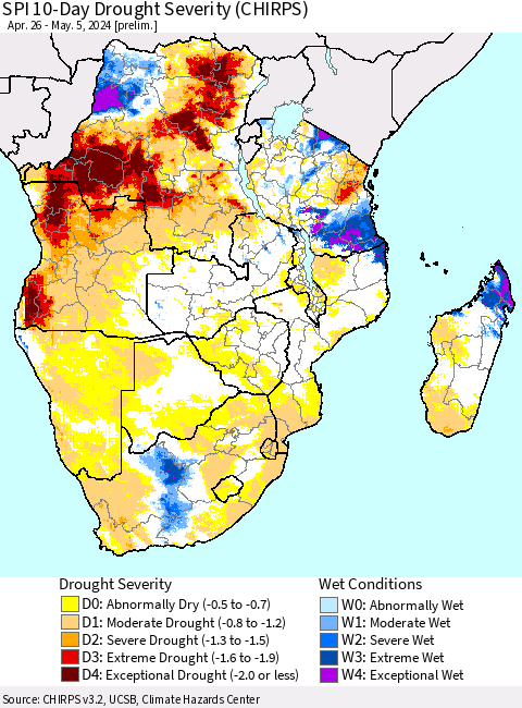 Southern Africa SPI 10-Day Drought Severity (CHIRPS) Thematic Map For 4/26/2024 - 5/5/2024