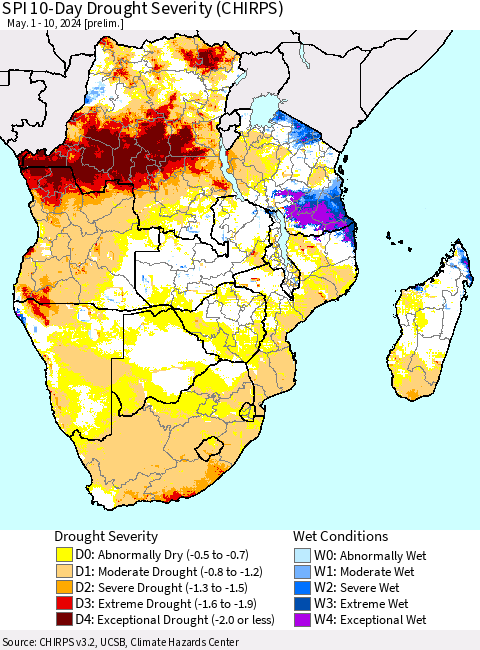 Southern Africa SPI 10-Day Drought Severity (CHIRPS) Thematic Map For 5/1/2024 - 5/10/2024