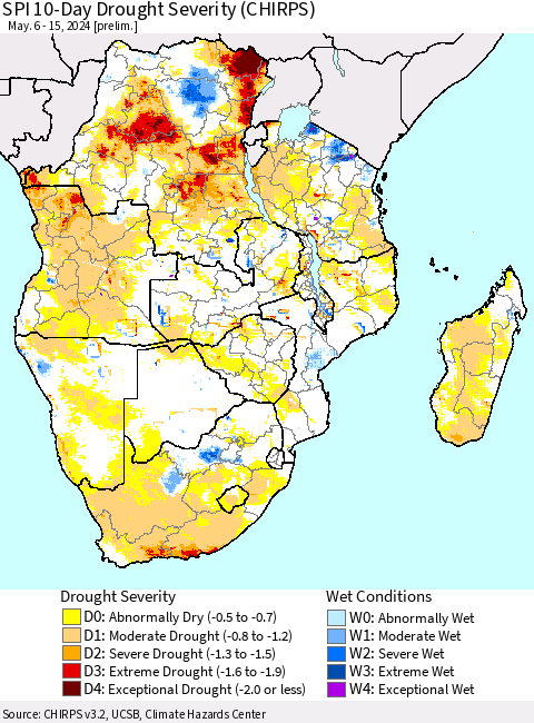 Southern Africa SPI 10-Day Drought Severity (CHIRPS) Thematic Map For 5/6/2024 - 5/15/2024