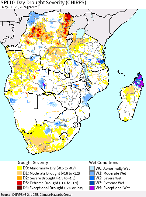 Southern Africa SPI 10-Day Drought Severity (CHIRPS) Thematic Map For 5/11/2024 - 5/20/2024