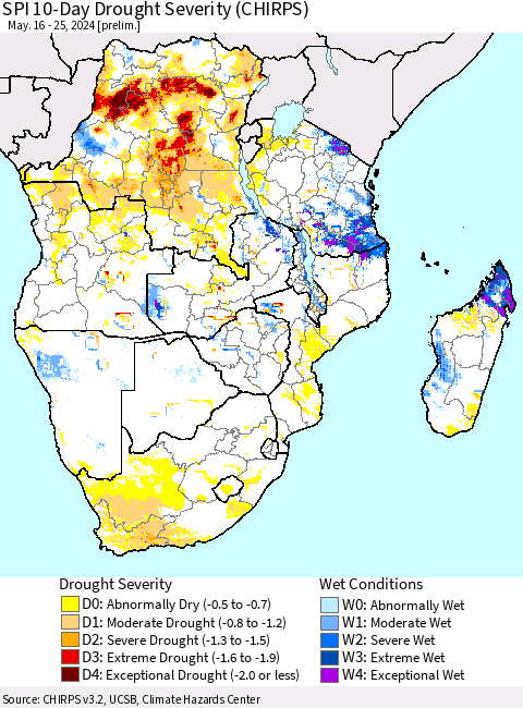 Southern Africa SPI 10-Day Drought Severity (CHIRPS) Thematic Map For 5/16/2024 - 5/25/2024