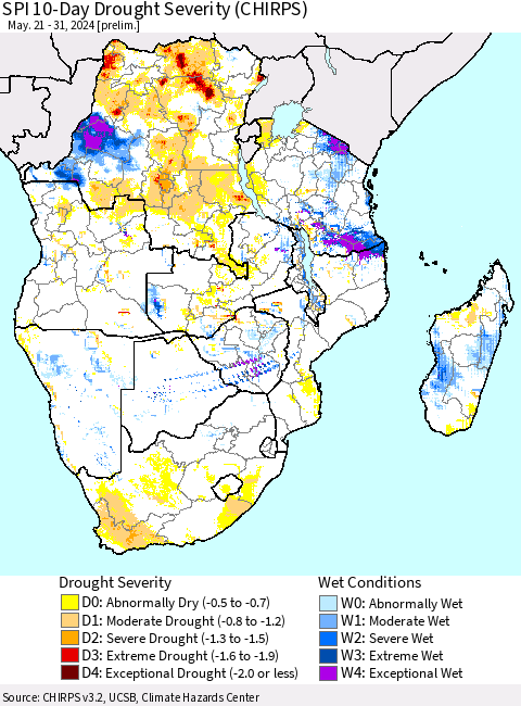 Southern Africa SPI 10-Day Drought Severity (CHIRPS) Thematic Map For 5/21/2024 - 5/31/2024