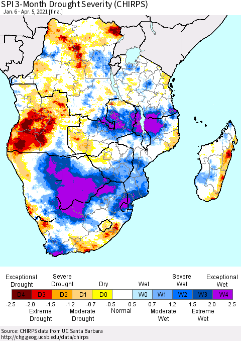 Southern Africa SPI 3-Month Drought Severity (CHIRPS) Thematic Map For 1/6/2021 - 4/5/2021