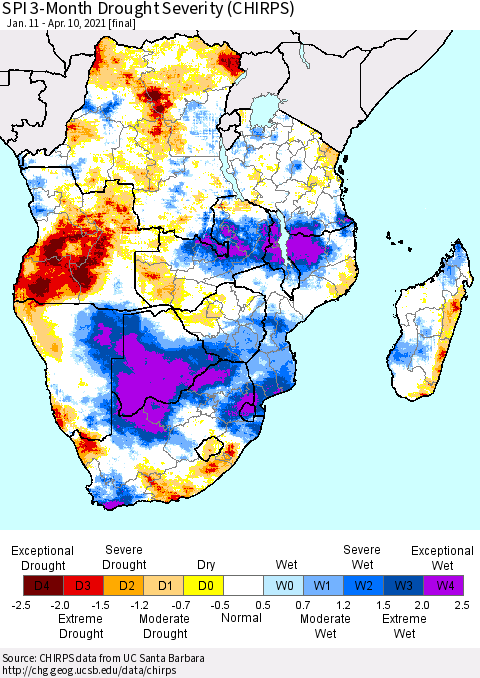 Southern Africa SPI 3-Month Drought Severity (CHIRPS) Thematic Map For 1/11/2021 - 4/10/2021