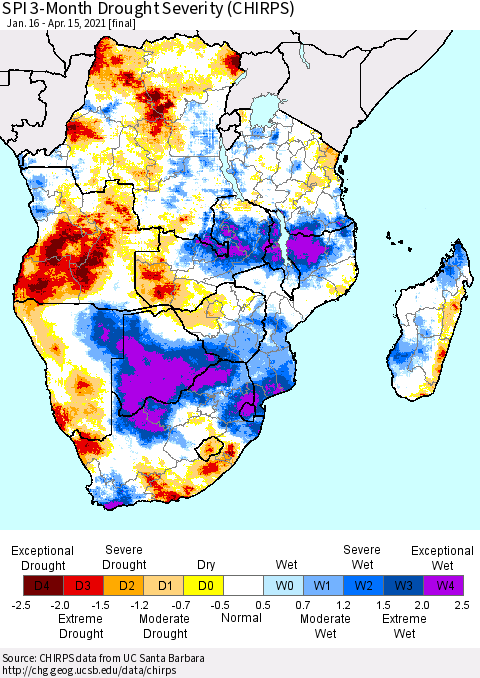 Southern Africa SPI 3-Month Drought Severity (CHIRPS) Thematic Map For 1/16/2021 - 4/15/2021