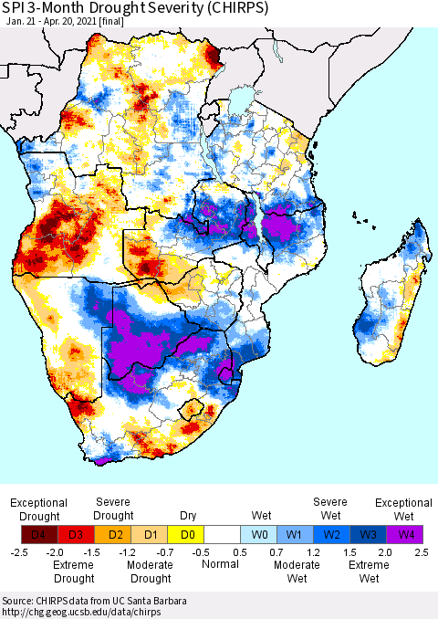 Southern Africa SPI 3-Month Drought Severity (CHIRPS) Thematic Map For 1/21/2021 - 4/20/2021