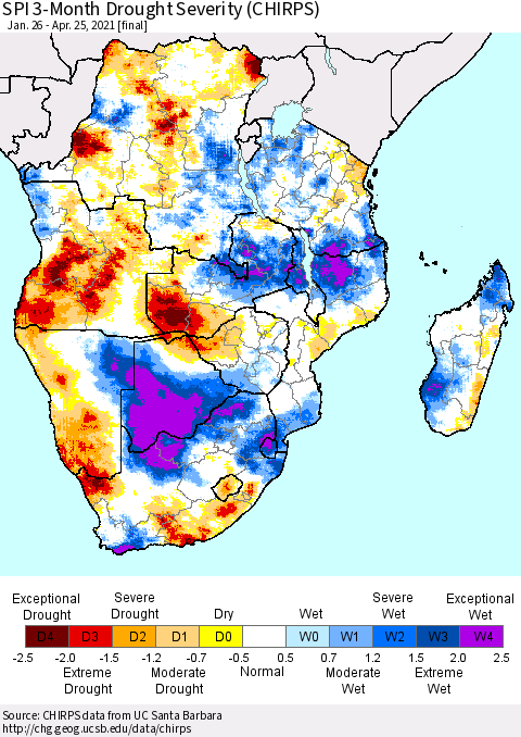Southern Africa SPI 3-Month Drought Severity (CHIRPS) Thematic Map For 1/26/2021 - 4/25/2021