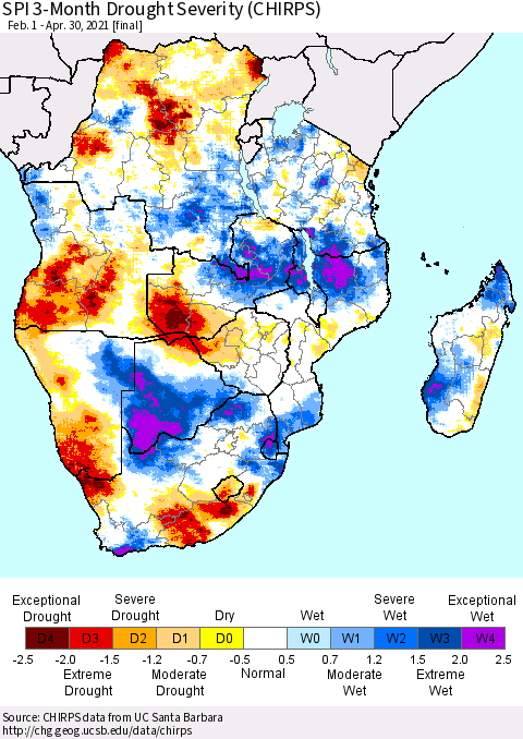 Southern Africa SPI 3-Month Drought Severity (CHIRPS) Thematic Map For 2/1/2021 - 4/30/2021