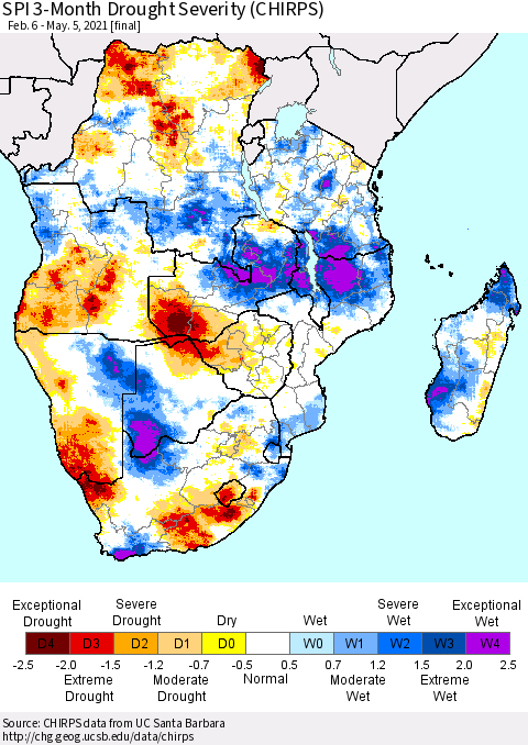 Southern Africa SPI 3-Month Drought Severity (CHIRPS) Thematic Map For 2/6/2021 - 5/5/2021