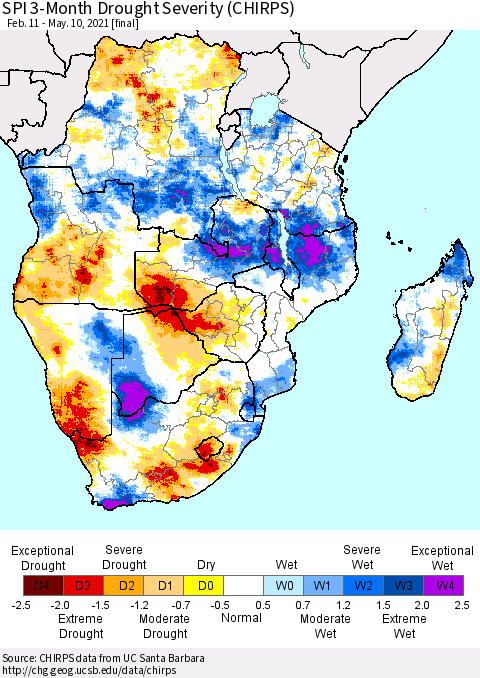 Southern Africa SPI 3-Month Drought Severity (CHIRPS) Thematic Map For 2/11/2021 - 5/10/2021