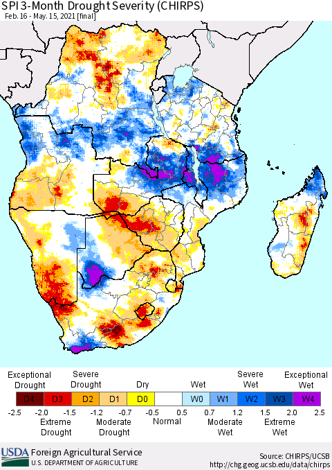 Southern Africa SPI 3-Month Drought Severity (CHIRPS) Thematic Map For 2/16/2021 - 5/15/2021