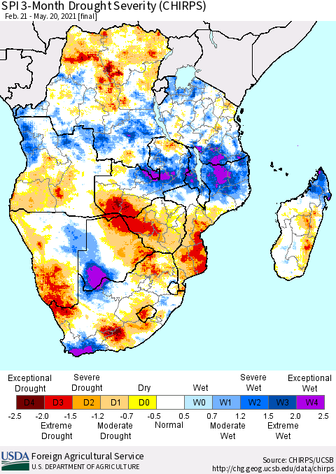 Southern Africa SPI 3-Month Drought Severity (CHIRPS) Thematic Map For 2/21/2021 - 5/20/2021