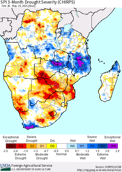 Southern Africa SPI 3-Month Drought Severity (CHIRPS) Thematic Map For 2/26/2021 - 5/25/2021