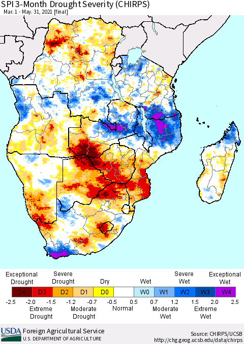 Southern Africa SPI 3-Month Drought Severity (CHIRPS) Thematic Map For 3/1/2021 - 5/31/2021