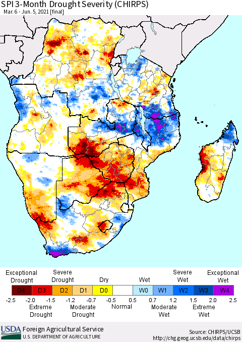 Southern Africa SPI 3-Month Drought Severity (CHIRPS) Thematic Map For 3/6/2021 - 6/5/2021