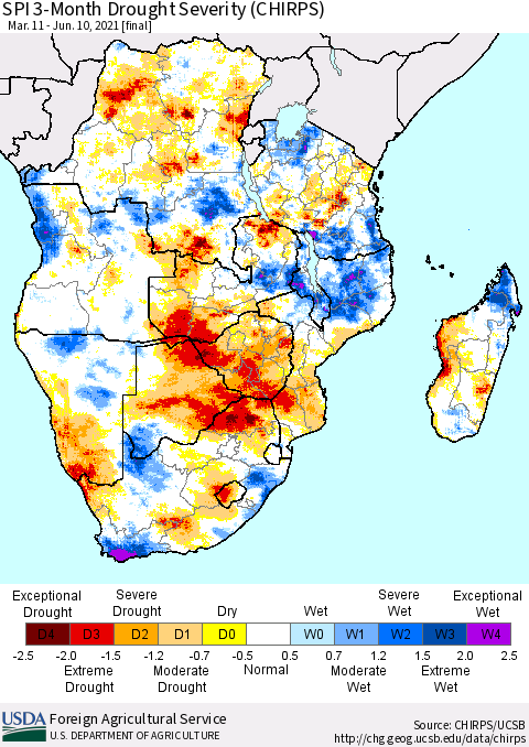 Southern Africa SPI 3-Month Drought Severity (CHIRPS) Thematic Map For 3/11/2021 - 6/10/2021