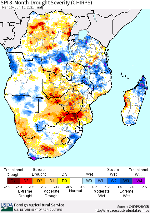 Southern Africa SPI 3-Month Drought Severity (CHIRPS) Thematic Map For 3/16/2021 - 6/15/2021