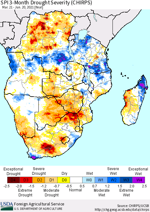 Southern Africa SPI 3-Month Drought Severity (CHIRPS) Thematic Map For 3/21/2021 - 6/20/2021