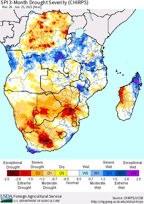 Southern Africa SPI 3-Month Drought Severity (CHIRPS) Thematic Map For 3/26/2021 - 6/25/2021