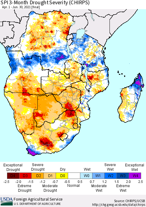 Southern Africa SPI 3-Month Drought Severity (CHIRPS) Thematic Map For 4/1/2021 - 6/30/2021