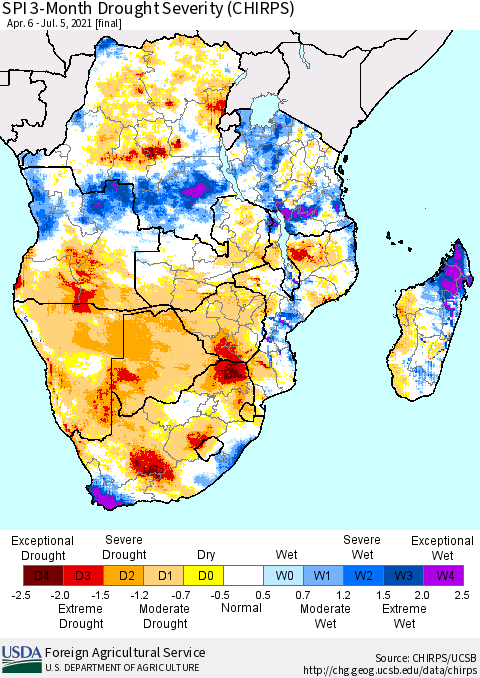 Southern Africa SPI 3-Month Drought Severity (CHIRPS) Thematic Map For 4/6/2021 - 7/5/2021
