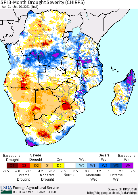 Southern Africa SPI 3-Month Drought Severity (CHIRPS) Thematic Map For 4/11/2021 - 7/10/2021