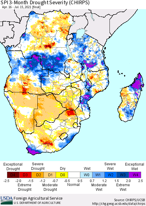 Southern Africa SPI 3-Month Drought Severity (CHIRPS) Thematic Map For 4/16/2021 - 7/15/2021