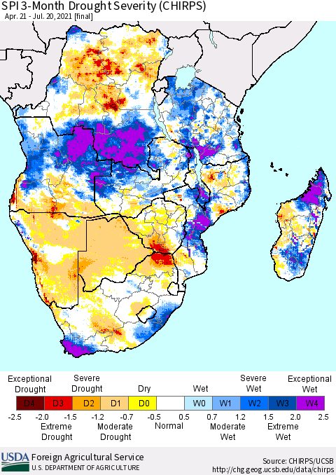 Southern Africa SPI 3-Month Drought Severity (CHIRPS) Thematic Map For 4/21/2021 - 7/20/2021