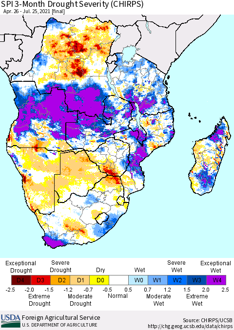 Southern Africa SPI 3-Month Drought Severity (CHIRPS) Thematic Map For 4/26/2021 - 7/25/2021