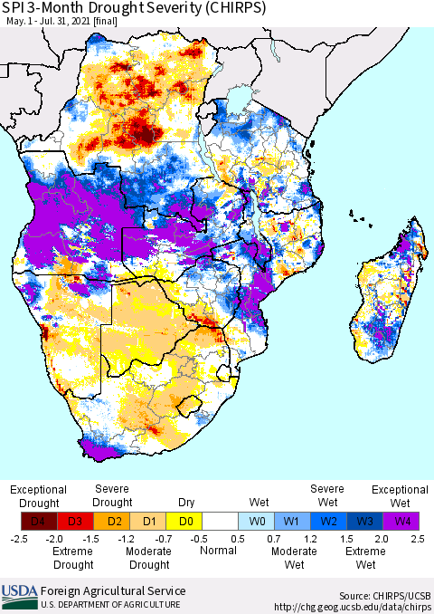 Southern Africa SPI 3-Month Drought Severity (CHIRPS) Thematic Map For 5/1/2021 - 7/31/2021