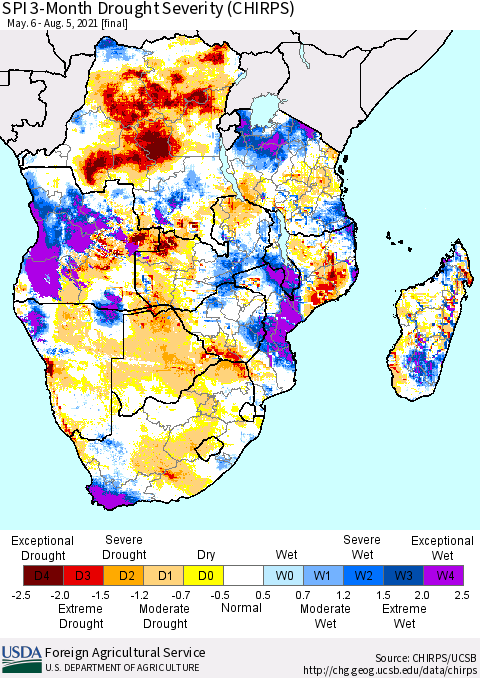 Southern Africa SPI 3-Month Drought Severity (CHIRPS) Thematic Map For 5/6/2021 - 8/5/2021