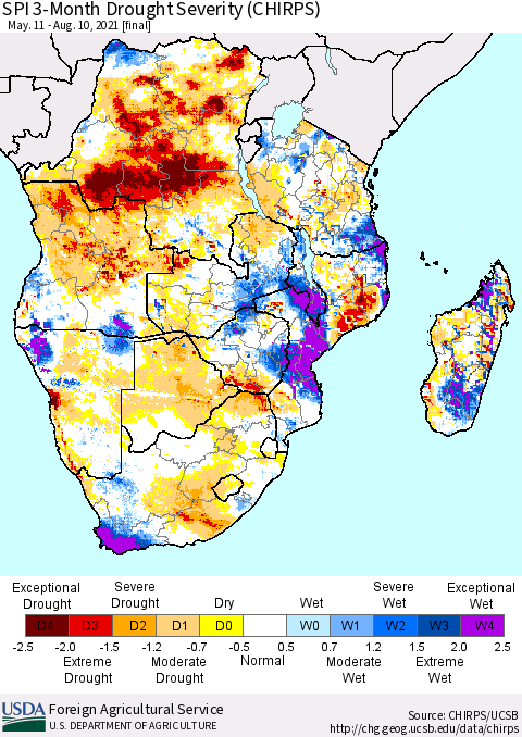 Southern Africa SPI 3-Month Drought Severity (CHIRPS) Thematic Map For 5/11/2021 - 8/10/2021