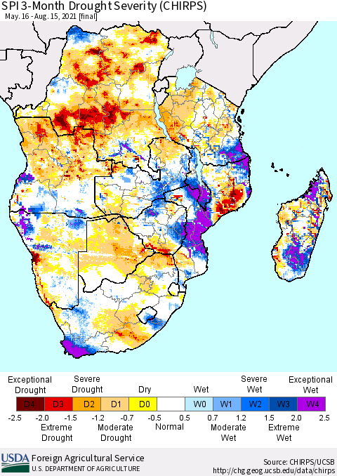 Southern Africa SPI 3-Month Drought Severity (CHIRPS) Thematic Map For 5/16/2021 - 8/15/2021